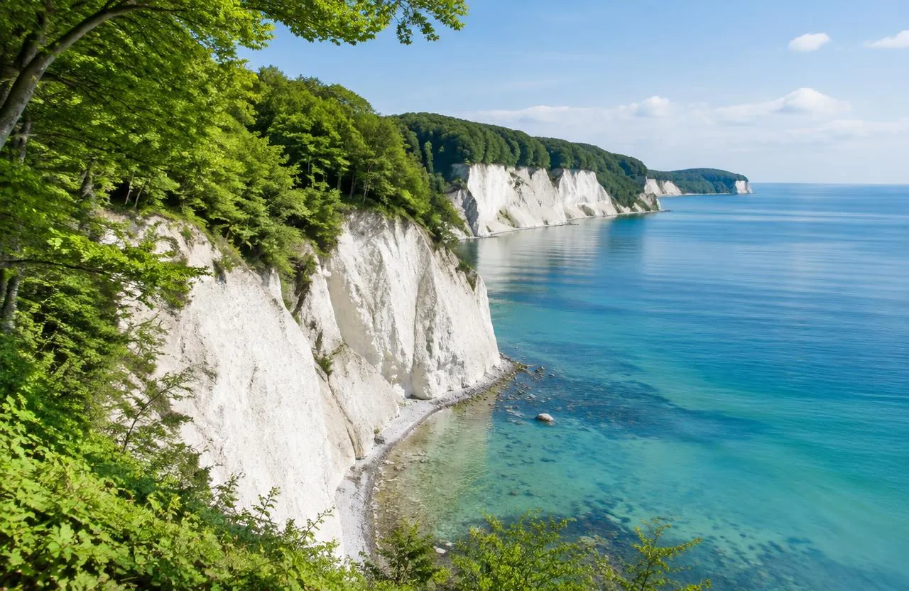 White chalk cliffs and beech forest above turquoise Baltic Sea water