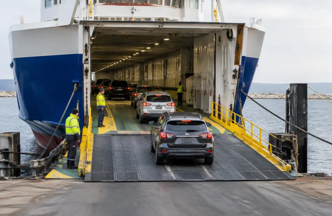 Cars driving up the bow ramp into the vehicle deck of a ferry, guided by crew in high-visibility vests
