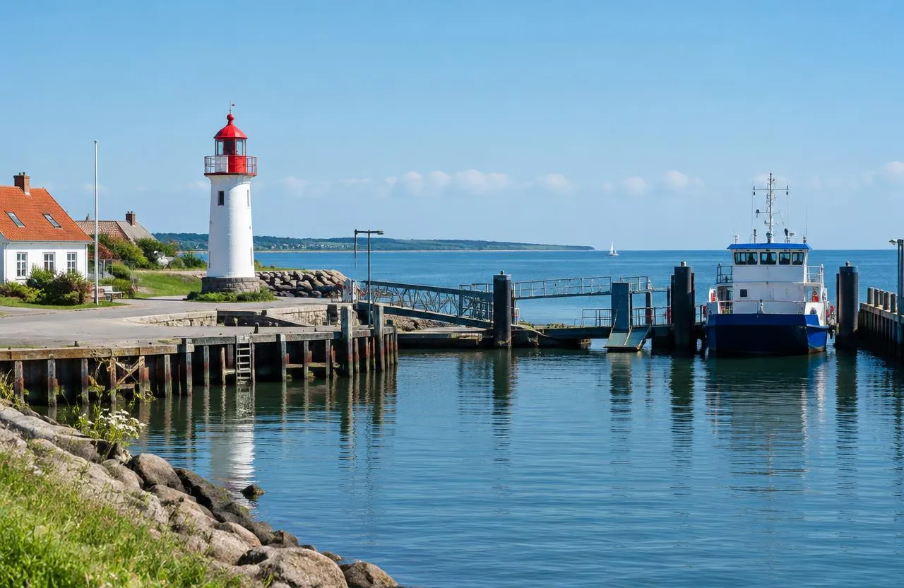Small Danish harbour with a white lighthouse and calm blue sea