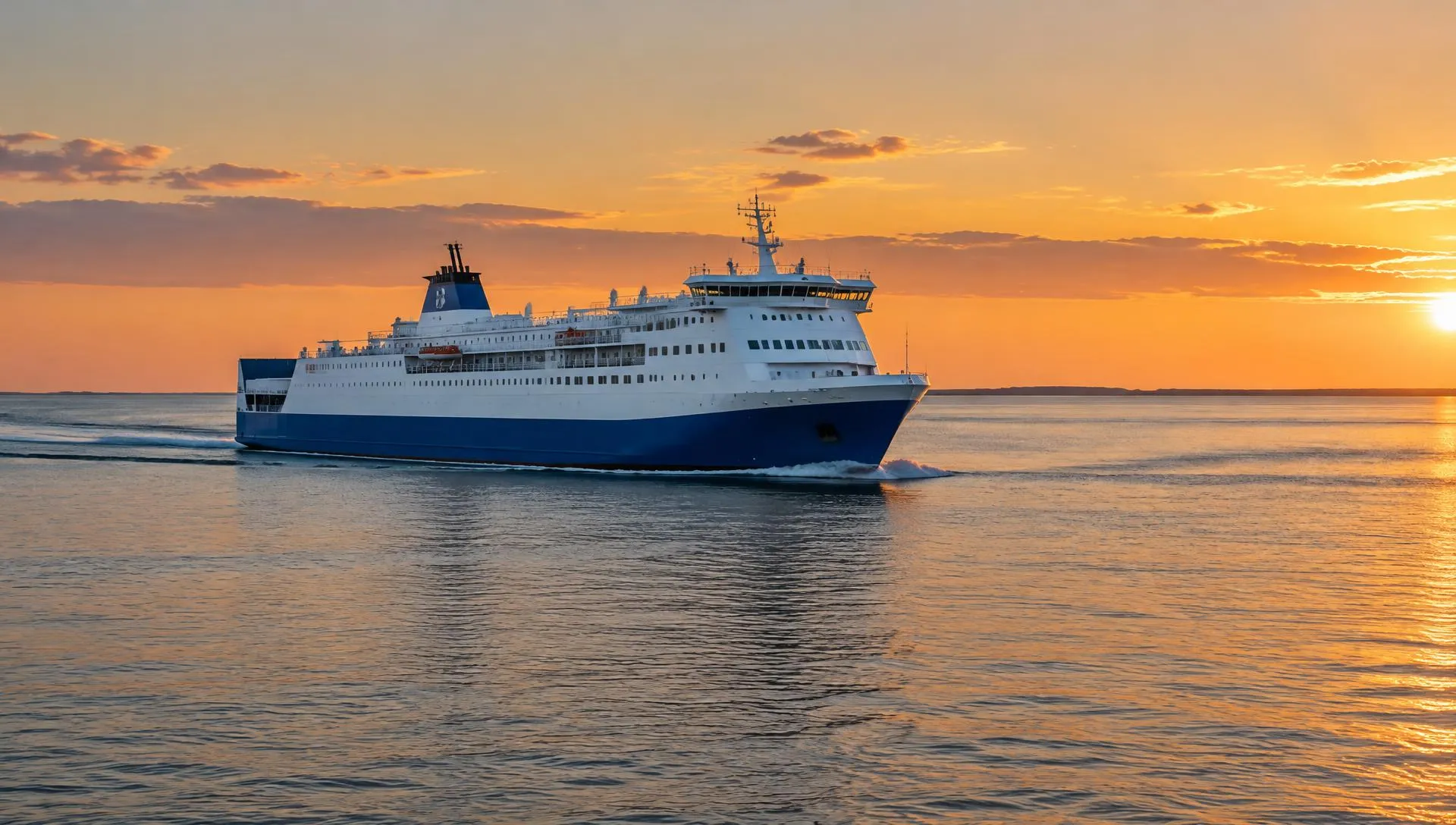 Car and passenger ferry crossing the calm Baltic Sea at sunset