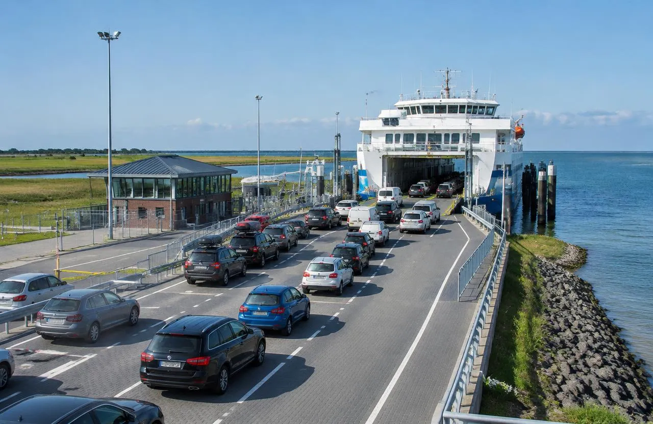 Cars queuing in lanes to board a ferry at a German Baltic ferry terminal