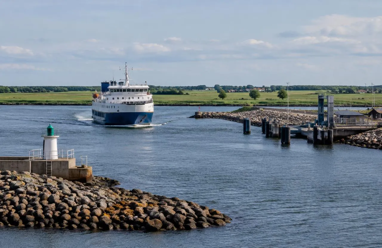 Ferry entering a Danish harbour beside a breakwater with farmland behind