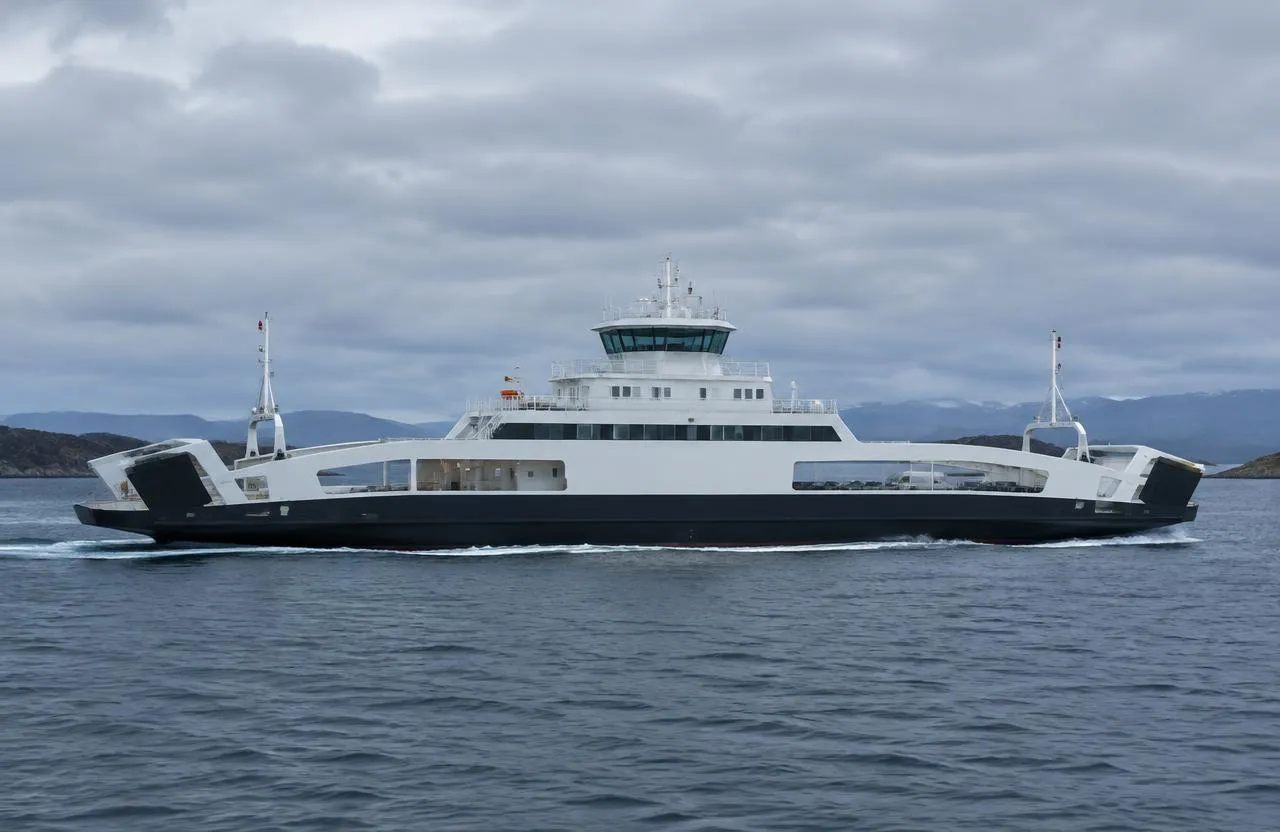 Double-ended car ferry sailing across grey Scandinavian waters (illustrative image)